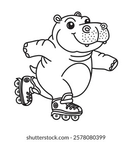 Line art of hippo cartoon goes roller skating vector