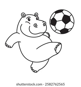 Line art of hippo cartoon playing football vector