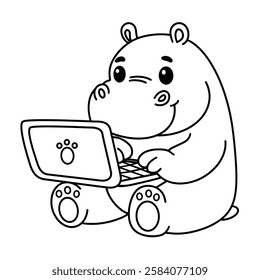 Line art of hippo cartoon working on computer vector