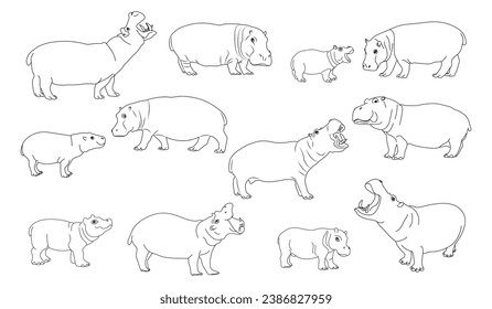 Line art Hippo in different poses flat set for web design. Cartoon wild creature white background vector illustration collection. African animals, zoo and wildlife concept