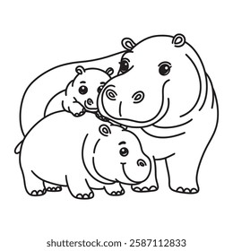 Line art of hippo family, mother hippo and her babies stay together cartoon vector