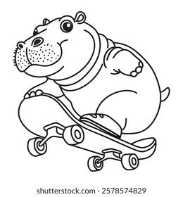 Line art of hippo goes skateboarding cartoon vector