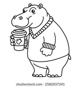 Line art of hippo holding a coffee cup cartoon vector