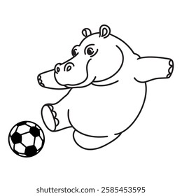 Line art of hippo kicking at football cartoon vector