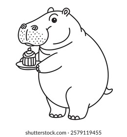 Line art of hippo serving cupcake cartoon vector