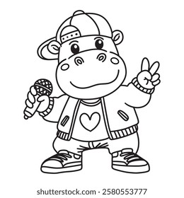 Line art of hippo the singer holding microphone and showing two fingers.