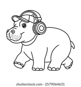 Line art of hippopotamus cartoon with headphone listening the music