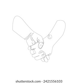 Line art holding hands. Concept for wall art, logo, card, banner. Love, relationship, Valentines day concept.Vector illustration isolated on white background.