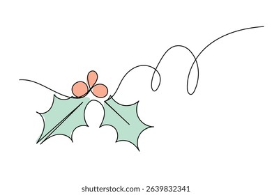Line Art Holly Branch with Berry Natural Element. Greeting Card Design Element. One Continuous Outline Curve Wavy Contour Drawing. Winter Holidays Banner Design Theme.