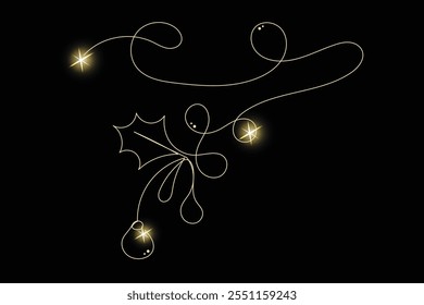 Line Art Holly Branch with Gold Glitter Stars. Luxury Rich Glamour Invitation Card. line Art Isolated on Black. Shine Gold Light Texture Effect. Glowing Blink Star Christmas Holiday Gift.