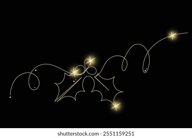 Line Art Holly Branch with Gold Glitter Stars. Luxury Rich Glamour Invitation Card. line Art Isolated on Black. Shine Gold Light Texture Effect. Glowing Blink Star Christmas Holiday Gift.