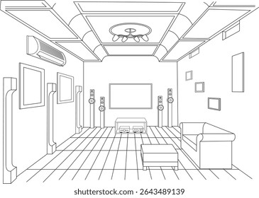 Line Art Home Theater Interior Design, Black and white line art illustration depicting a comfortable home theater room. Features include a large screen, surround sound speakers, entertainment