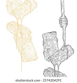 Line art honey comb pieces with a dipper dripping honey. hand drawn outline illustration of sweet natural healthy food. Graphic asset ready for online and print projects. 