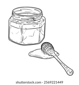 Line art honey jar dipper dipped in honey on the side. Vector honey in a glass jar. Hand drawn illustration of sweet dessert. Outline only, isolated on white background.