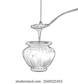 Line art honey jar with pouring honey from above. Vector honey dripping from a spoon. Illustration of sweet dessert. Outline only, isolated on white background.