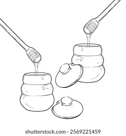 Line art honey jar with pouring honey from dipper. Vector honey dripping from a dipper. Hand drawn illustration of sweet dessert. Outline only, isolated on white background.