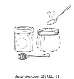 Line art honey jar and sugar pot. Vector honey dipper and spoon with sugar cubes. Hand drawn illustration of sweet dessert and ingredient. Outline only, isolated on white background.