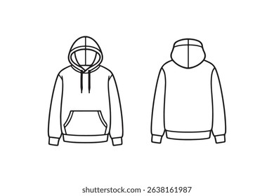 Line art hoodie design with front and back views – simple apparel illustration.