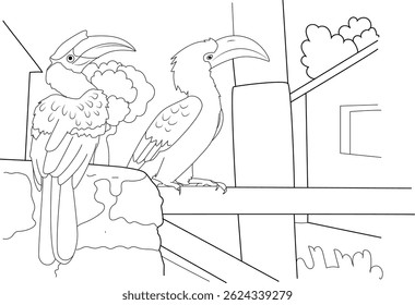 Line Art of Hornbills Perched on a Boundary, Black and white line drawing featuring two majestic hornbill birds perched together on a boundary wall or fence, with a simple background suggesting