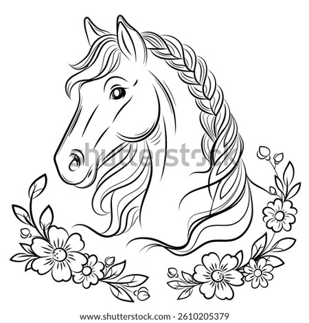 Line Art Horse Portrait with Decorative Flowers.Horse Coloring Page with Floral Elements. ideal for print, coloring books, childrens activities, and equestrian themed designs.Vector illustration