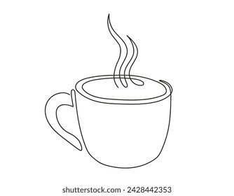 Line art of a hot cup with steam. Coffee or tea mug. Continuous one line drawing. Isolated on white backdrop. Design element for print, greeting, postcard, scrapbooking. Concept of hot beverage, drink