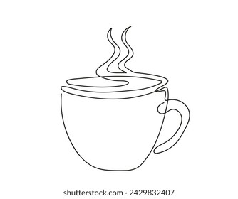 Line art of hot cup with steam. Coffee or tea mug. Continuous one line drawing. Isolated on a white backdrop. Design element for print, greeting, postcard, scrapbooking. Concept of hot beverage, drink