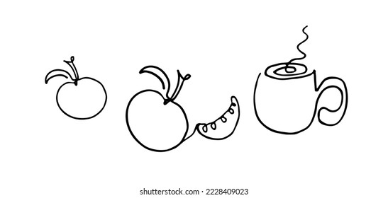 Line art hot drink, apple and tangerines on the white backgraund. Vector illustration. Pattern for coloring, icons and website design, also suitable for print and covers.