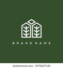 line art house building leaf shape vector logo