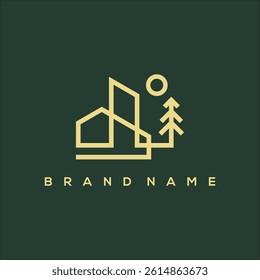 line art house building with pine and sun vector logo