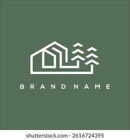line art house with and pine minimalist logo vector