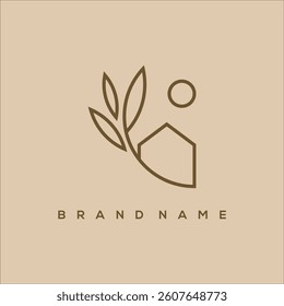 line art house plant and sun logo vector