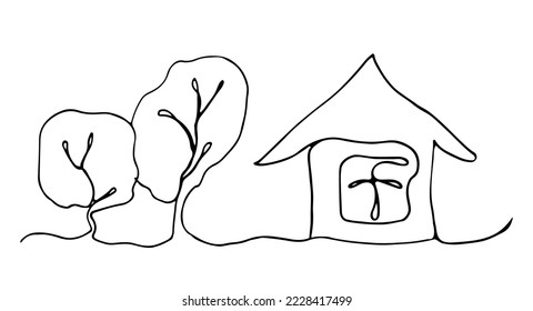 Casa de arte en línea y árboles en invierno en el fondo blanco. Ilustración vectorial. Patrón para colorear, iconos y diseño de sitios web, también adecuado para imprimir y cubrir.