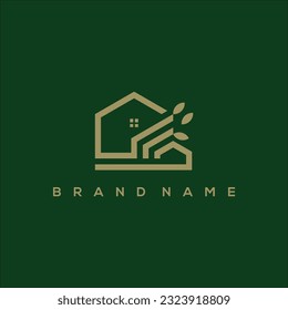 Line art house villa and leaf logo vector