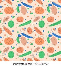 line art housea and caps and flags simple abstract vector seamless pattern. pastel colors background