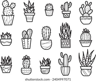 Line art houseplant doodles, hand drawn vector illustrations of plants in pots, cactus and succulent elements isolated on white background