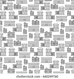 Line art houses seamless pattern design. Background with linear home. Vector illustration