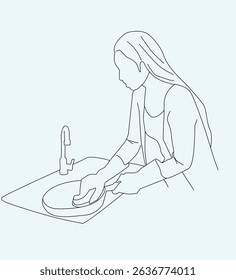 line art housewife washing dishes. Housewife washing dishes in the kitchen