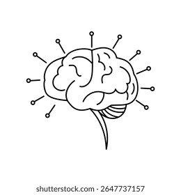 Line art of a human brain with digital nodes, clean black lines on white background.