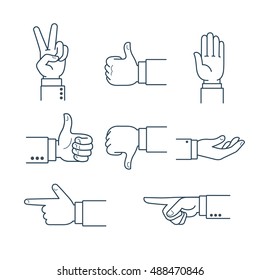 Line art human Finger pointing, thumbs up, like, okay, victory symbol isolated on white background vector illustration set. Hand gesture concept.
