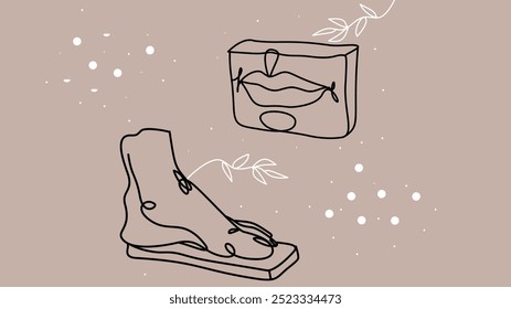 line art of a human foot and a bar of soap amidst delicate floral branches, creating a harmonious blend of nature and cleanliness.