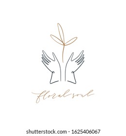 Line art human hands holding branches or leaves with lettering text Floral Soul. Urban jungle, ecology, vegan concept. Green life and ecology subject. Good for t-shirt prints, logos, advertising