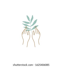 Line art human hands holding green branch. Urban jungle, ecology, vegan concept. Green life and ecology subject. Good for t-shirt prints, logos, advertising banners. Vector illustration. Clipart image