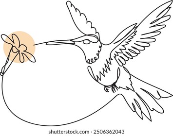 Line art of a hummingbird sucking honey on a flowering plant