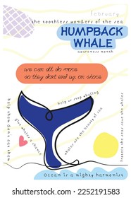 Line art of Humpback whale. February is Humpback whale awareness month. Minimal vector. Kids style art poster. Help us stop whaling.