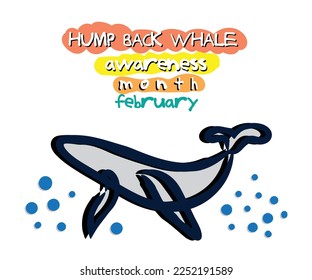 Line art of Humpback whale. February is Humpback whale awareness month. Minimal vector. Kids style art poster. Help us stop whaling.