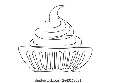 Line Art Ice Cream Food Dish Continuous Line Art Sketch Illustration. Sweet Dessert Tasty Creamy Cake Outline Art Contour. Editable Thin Stroke Sketch Vector Decoration.