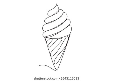 Line Art Ice Cream Food Dish Continuous Line Art Sketch Illustration. Sweet Dessert Tasty Creamy Cake Outline Art Contour. Editable Thin Stroke Sketch Vector Decoration.