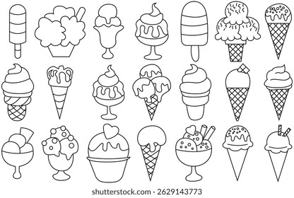 Line art Ice Cream Icon Set. Hand Drawn Outline Symbols of Cones, Cups and Frozen Treats