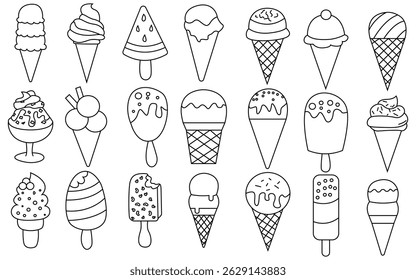 Line art Ice Cream Icon Set. Hand Drawn Outline Symbols of Cones, Cups and Frozen Treats