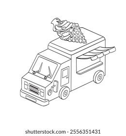 Line art of an ice cream truck with a bird on top